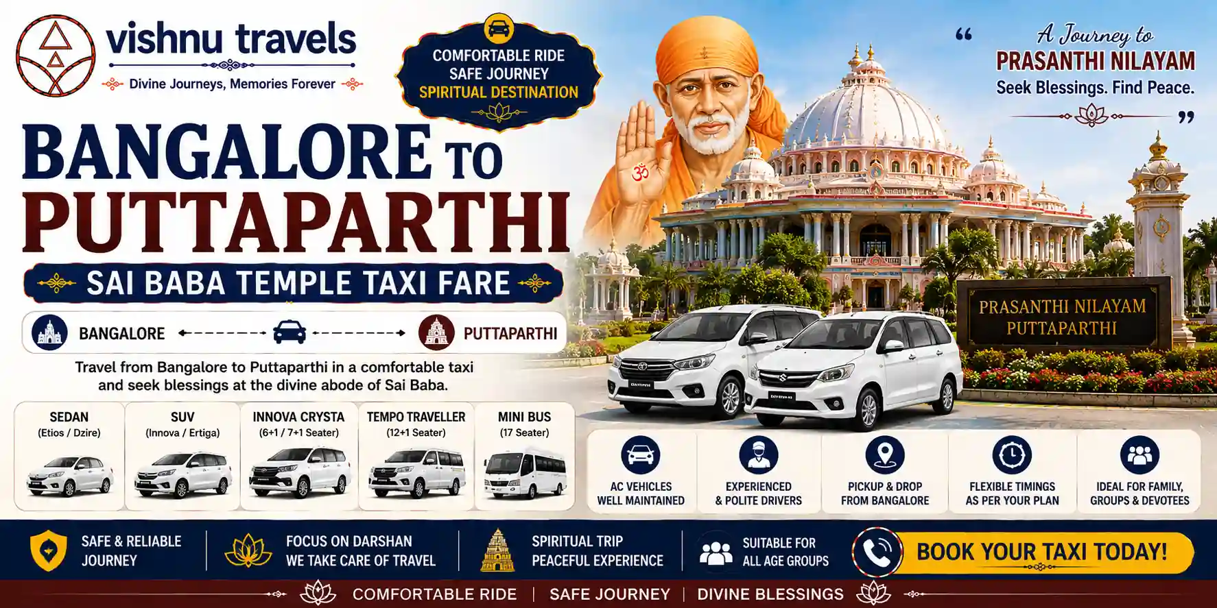 Bangalore to Puttaparthi Sai Baba Temple Taxi Fare