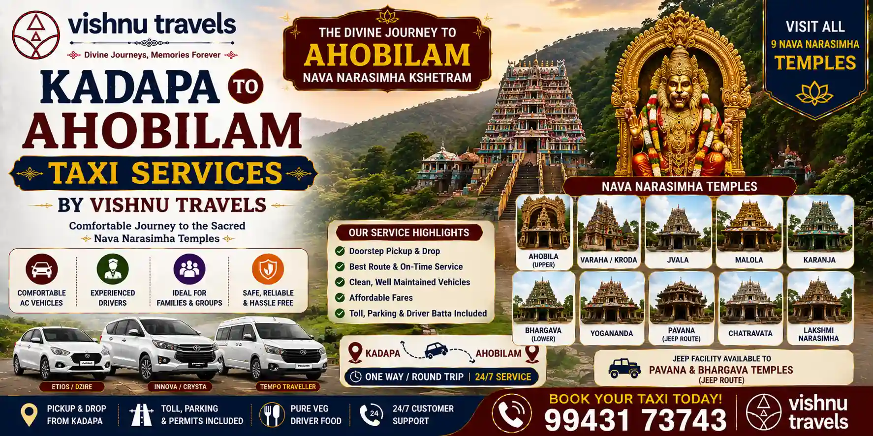 Kadapa to Ahobilam Taxi Services by Vishnu Travels